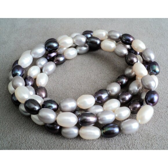 Opera Extra-Long 36" Real PEARL NECKLACE Oblong WHITE Silver BLACK 8mm Vintage - Picture 2 of 4